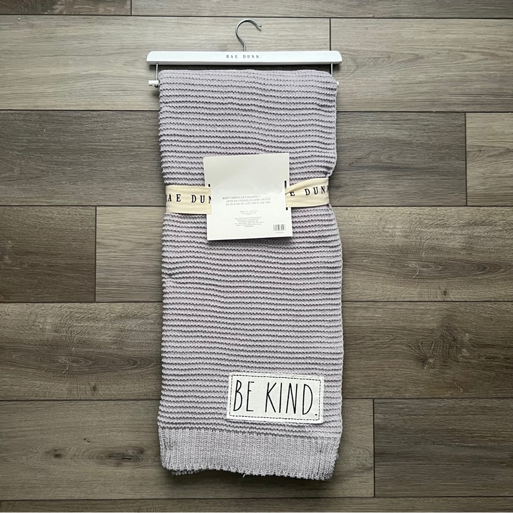 Rae Dunn BE KIND Knit Throw Blanket Lavender Lilac Stitch Embroidered Crocheted